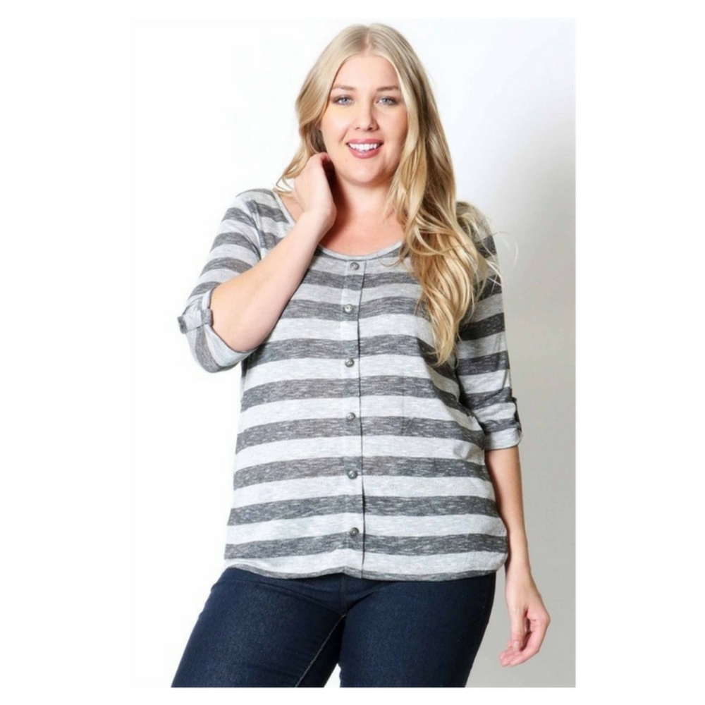 Gray Striped 3/4 Sleeve Shirt PLUS